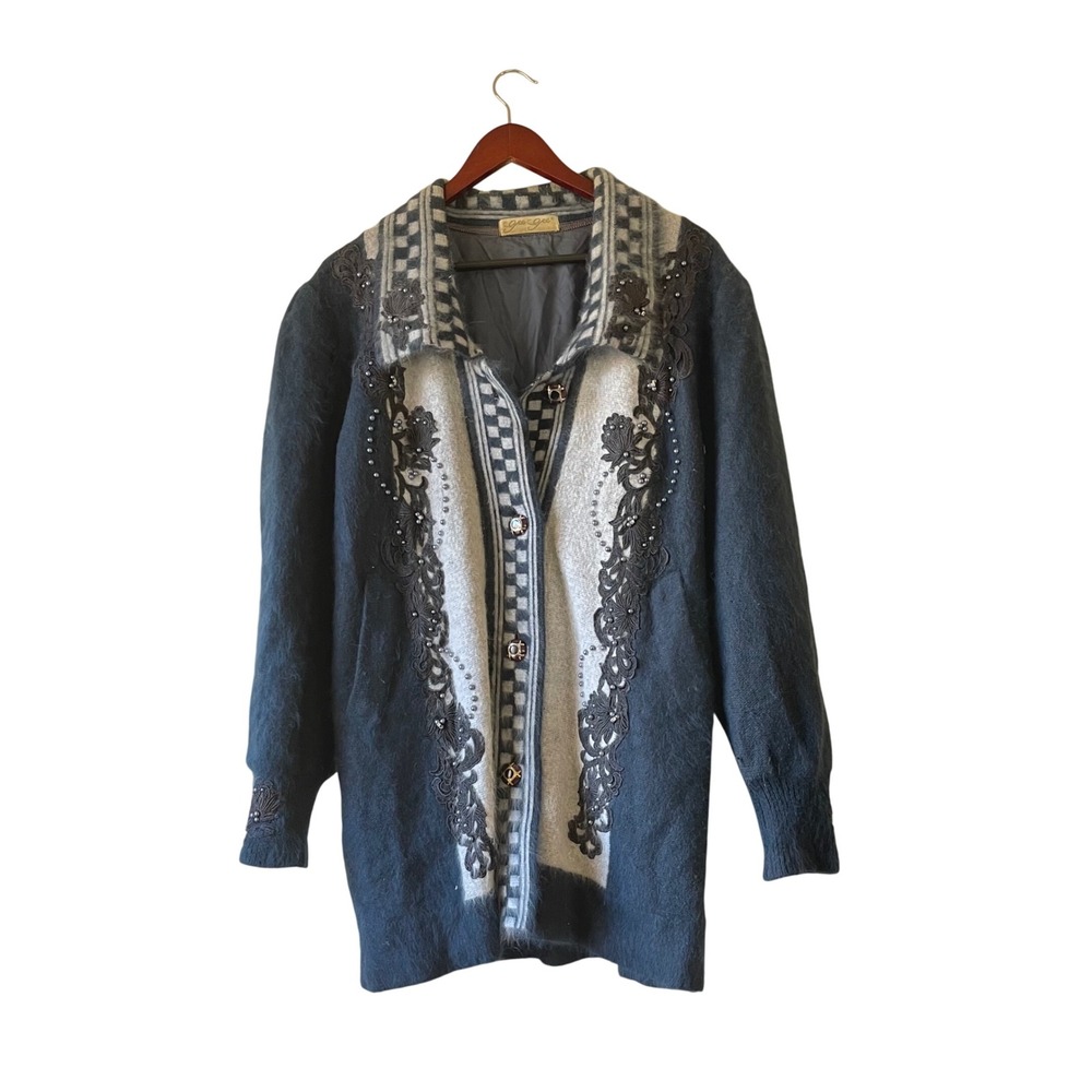 Vintage mohair soft‎ Women's Embellished Cardigan Jacket Dark Blue Green XLarge